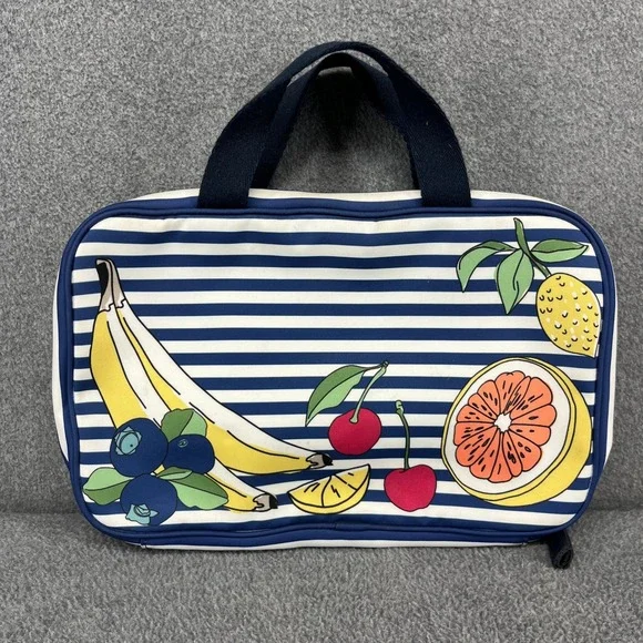 Tory Burch Cosmetic Bag Travel Toiletry Organizer Blue White Stripe Fruit Print - Picture 2 of 16